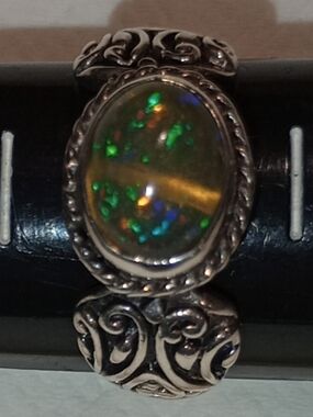 Ring Sterling Silver Opal Ring with Green and Blue Flash